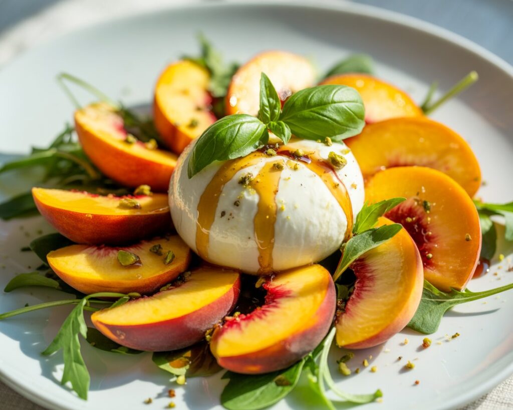 Colorful peach burrata salad topped with fresh herbs and balsamic reduction.