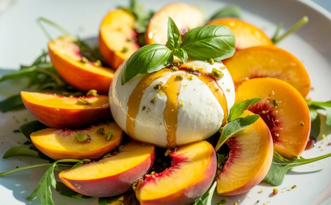 Colorful peach burrata salad topped with fresh herbs and balsamic reduction.