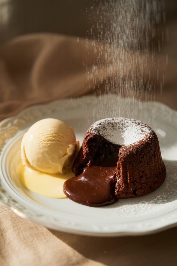 Close up of chocolate lava cake with gooey center and powdered sugar on top