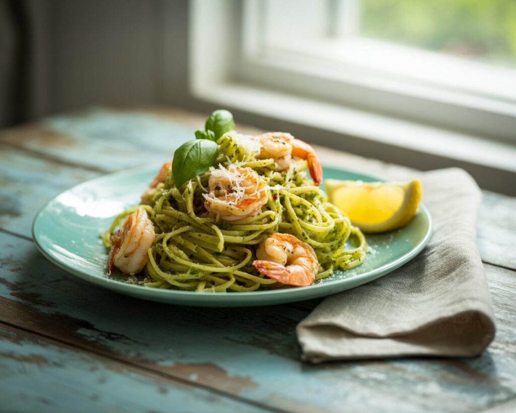 Creamy pesto shrimp pasta served in a white bowl with a sprinkle of red pepper flakes.