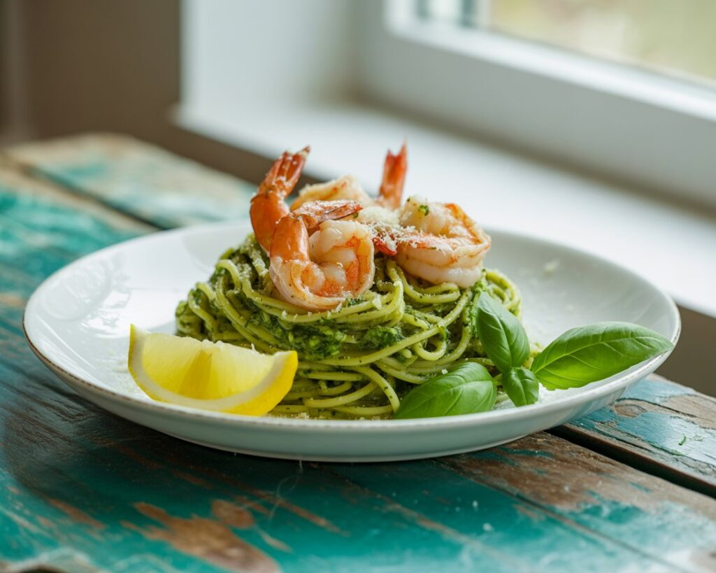 Close up of pesto coated pasta twirled around a fork with shrimp and grated cheese.