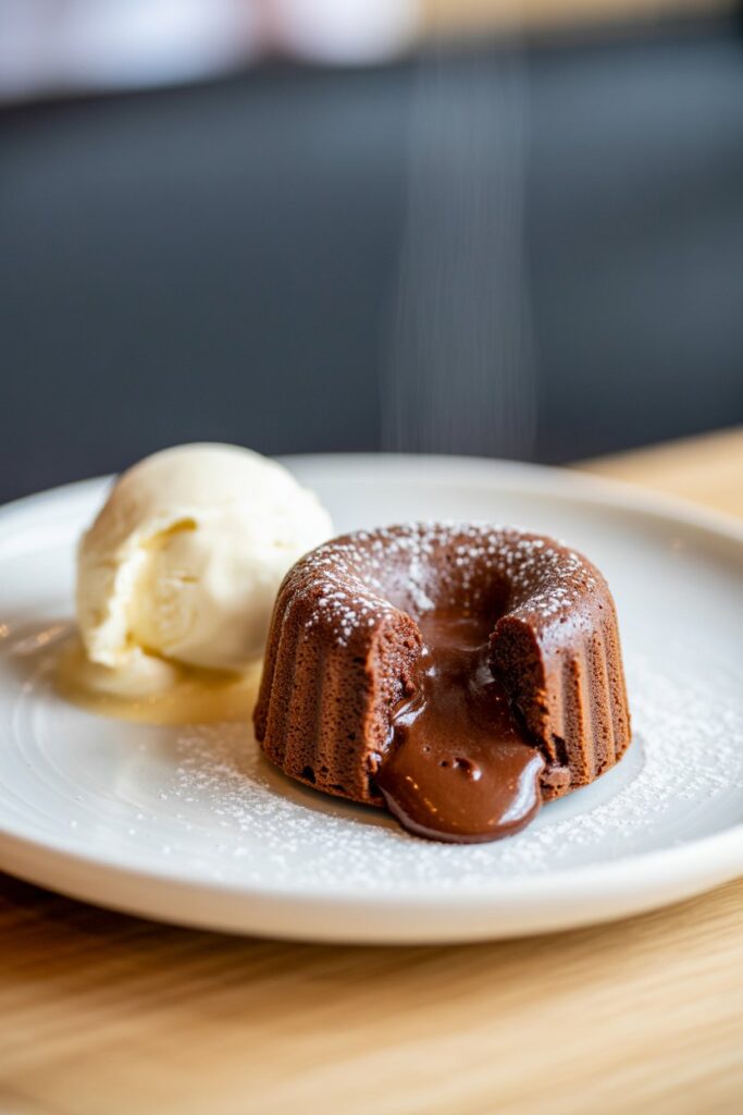 Molten lava cake with rich chocolate center served warm on a plate
