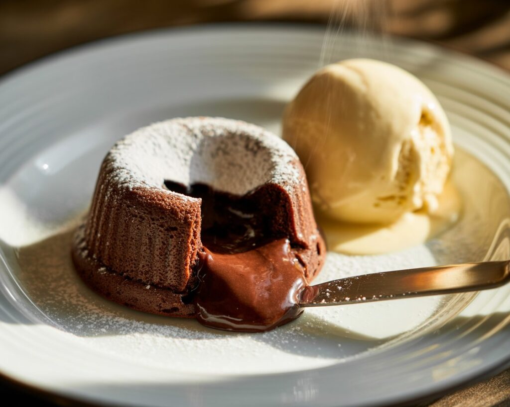 Warm chocolate lava cake with soft center and light dusting of powdered sugar