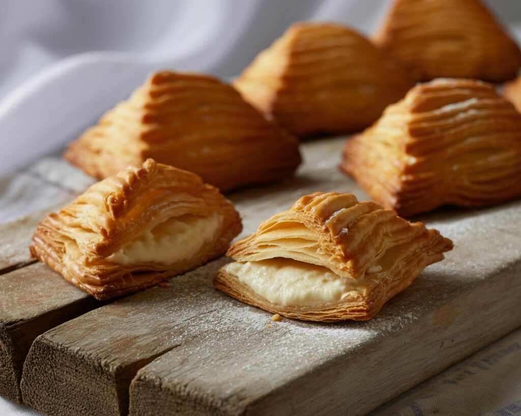 Close-up of flaky sfogliatelle showing delicate pastry layers.