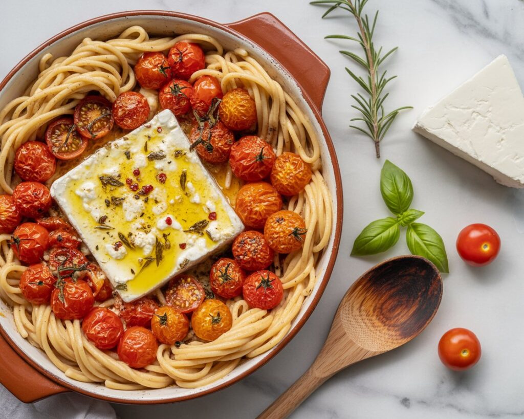 Ultimate feta pasta recipe with creamy sauce and oven-roasted cherry tomatoes.