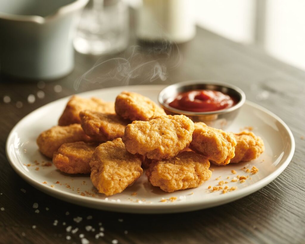 Close up of baked chicken nuggets with crunchy coating and juicy interior