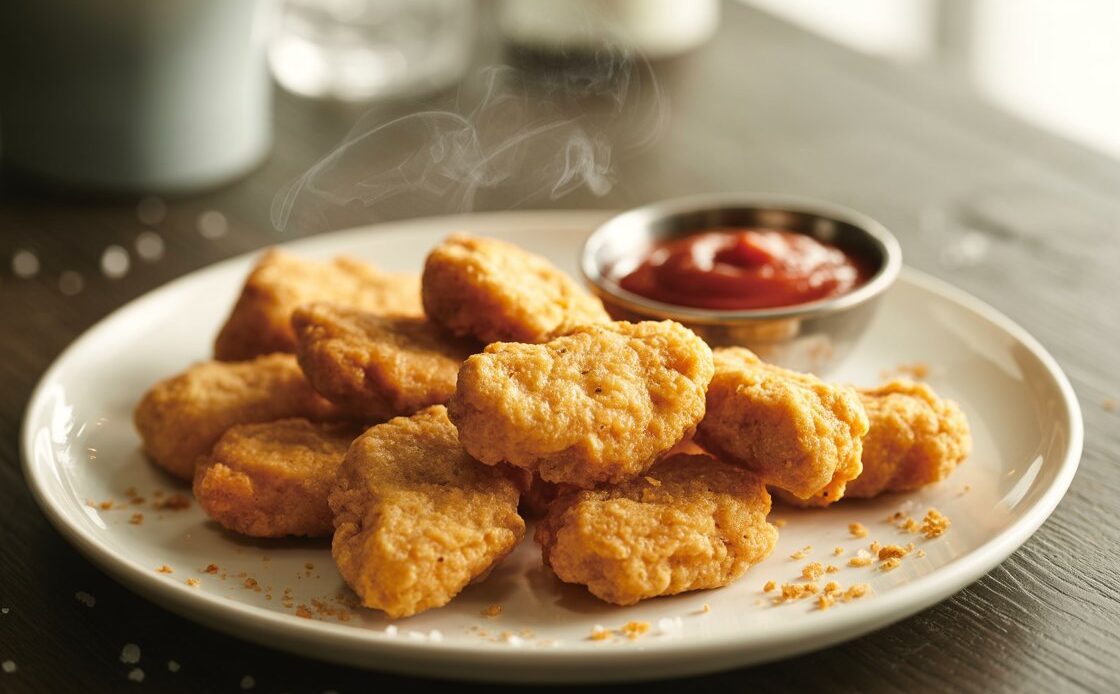 Close up of baked chicken nuggets with crunchy coating and juicy interior