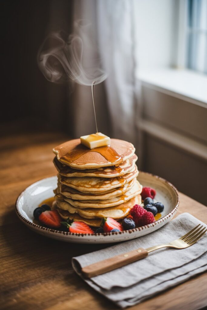 Overhead view of a breakfast table with vegan pancakes and fruit