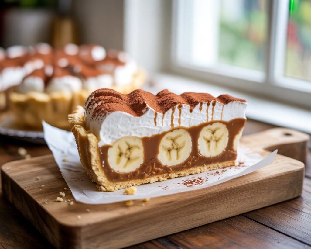 Overhead view of banoffee pie with caramel filling and creamy topping