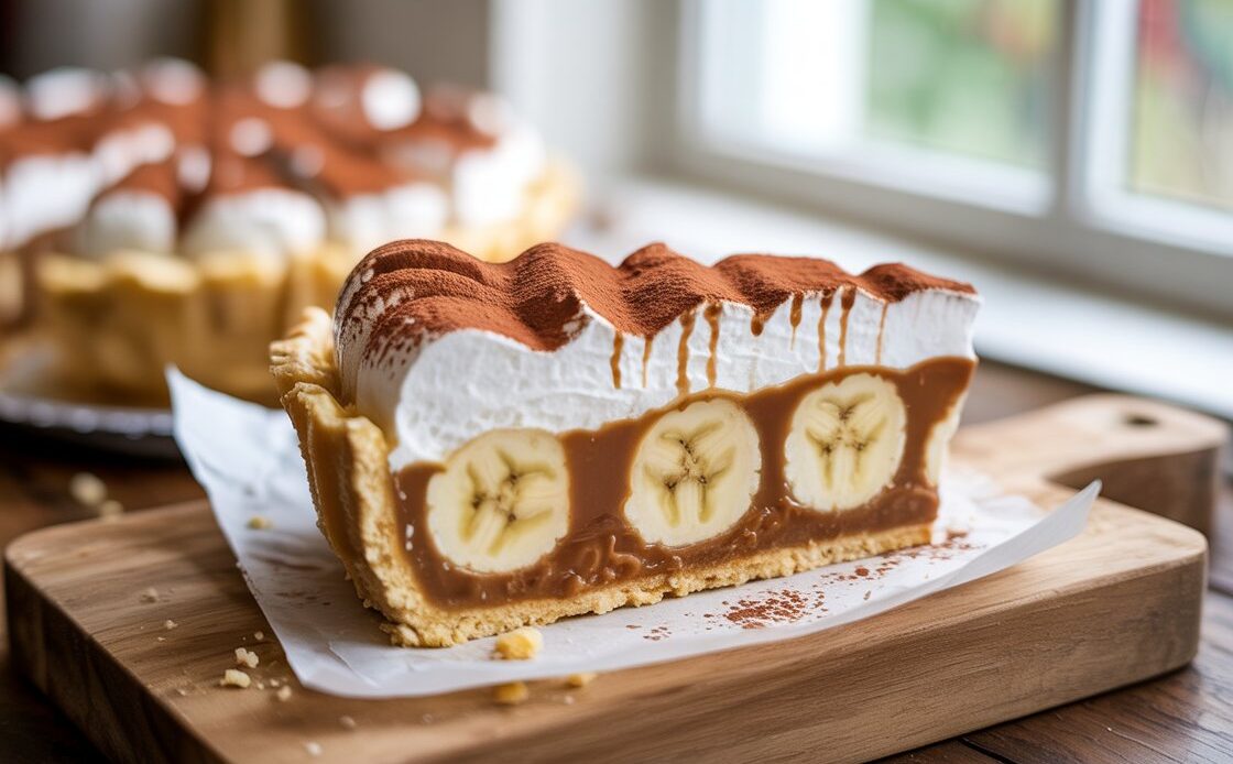 Overhead view of banoffee pie with caramel filling and creamy topping