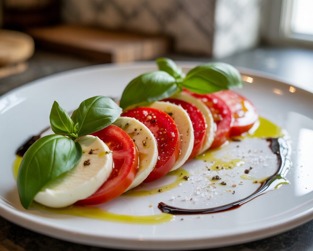 Fresh caprese salad with sliced tomatoes mozzarella and basil leaves