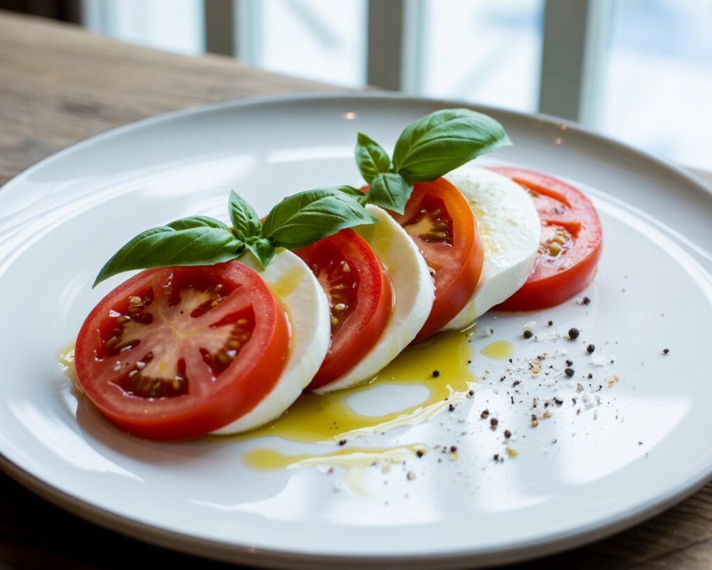 Caprese salad served on white dish with olive oil drizzle