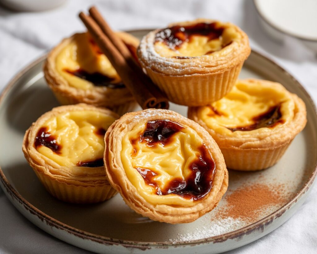 Custard tart cut open showing creamy inside and flaky layers.