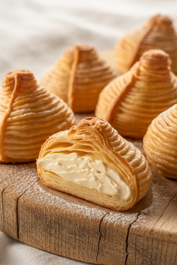Freshly baked sfogliatelle pastries served on a rustic plate.