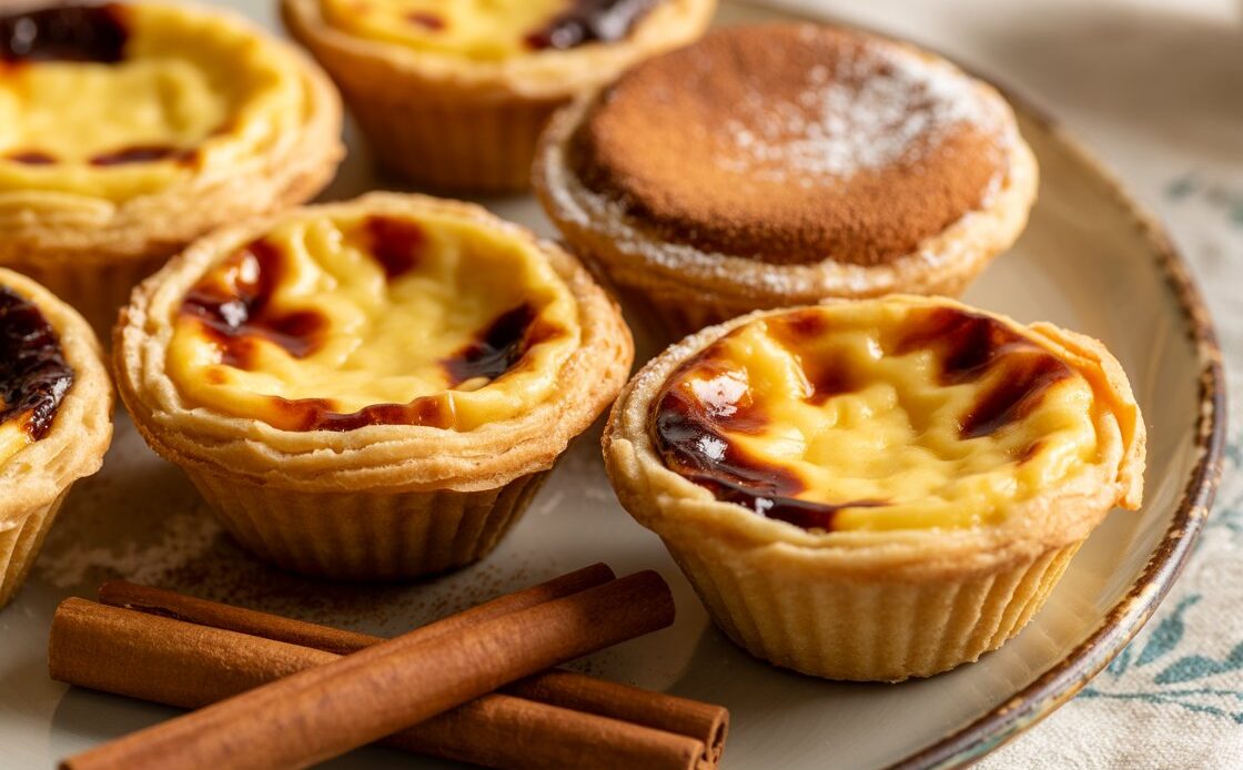 Stack of golden brown pastéis de nata ready to be served.