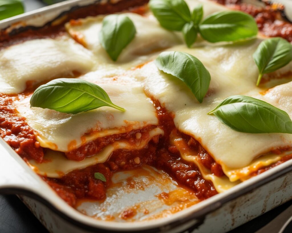 Easy baked ravioli lasagna with layers of pasta sauce and cheese