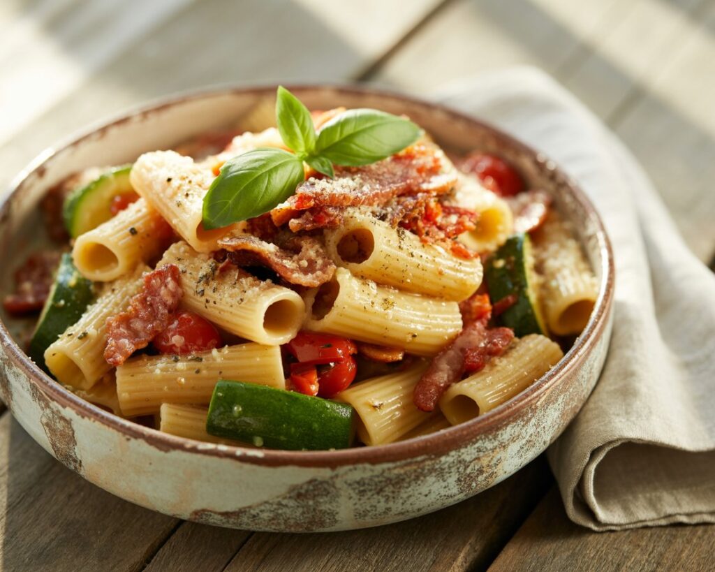 Easy weeknight rigatoni recipe with pancetta and seasonal vegetables.