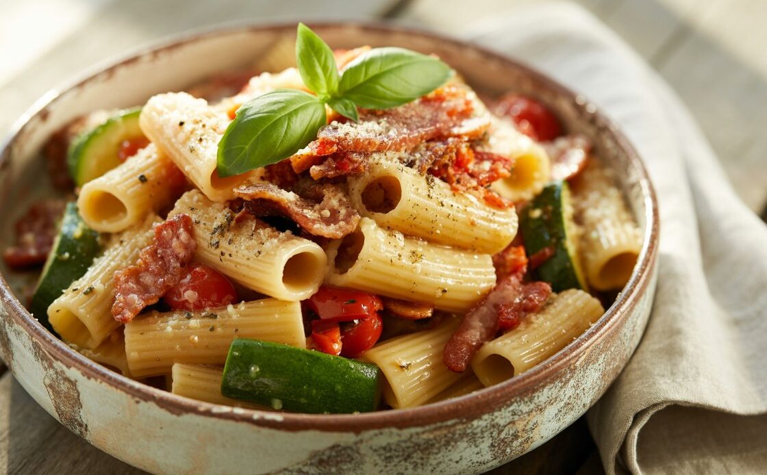 Easy weeknight rigatoni recipe with pancetta and seasonal vegetables.