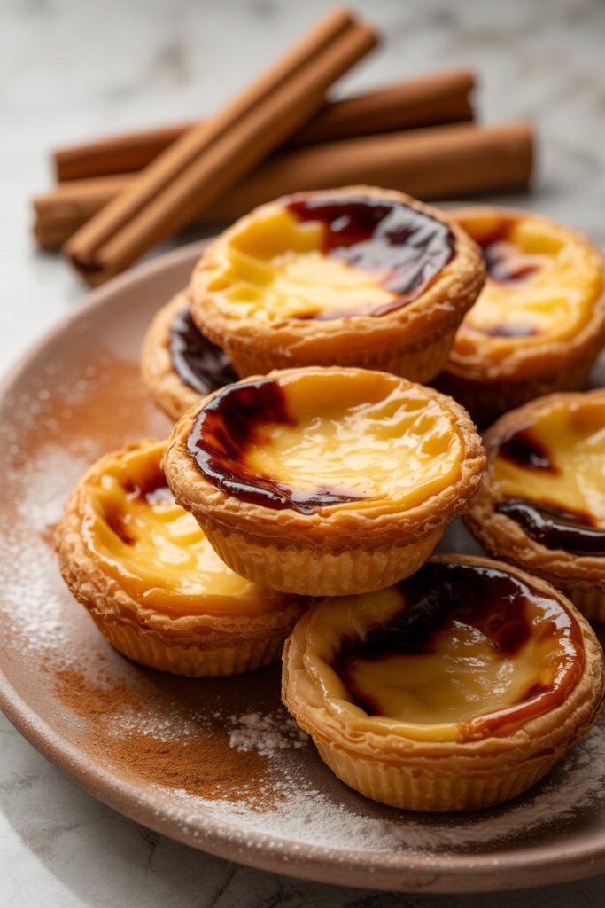 Close-up of creamy custard tarts with flaky puff pastry shells.
