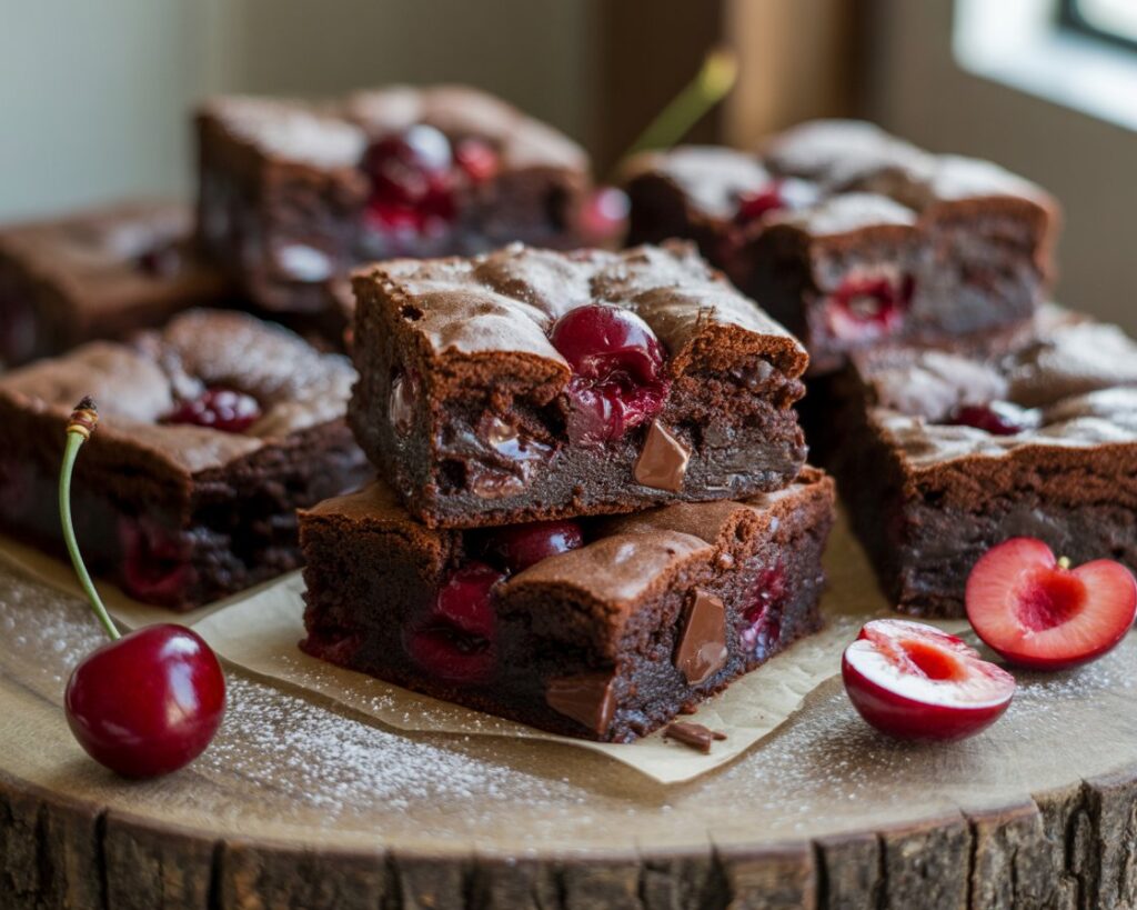Brownie squares with chocolate chunks and cherries on baking tray