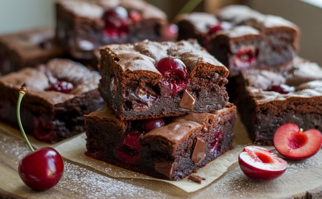 Brownie squares with chocolate chunks and cherries on baking tray