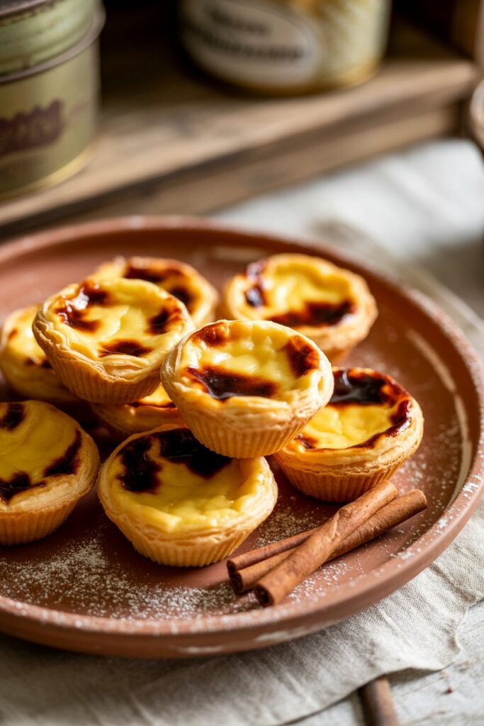 Freshly baked pastéis de nata cooling on a wire rack.
