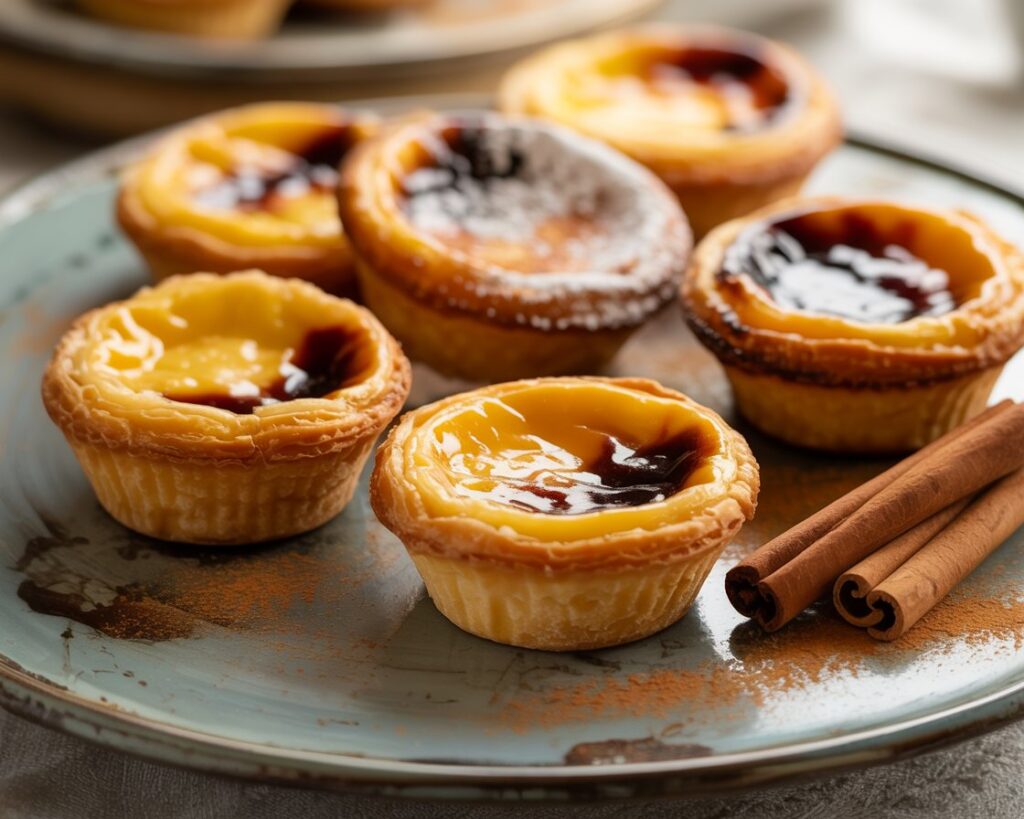 Classic custard tarts dusted lightly with cinnamon and powdered sugar.