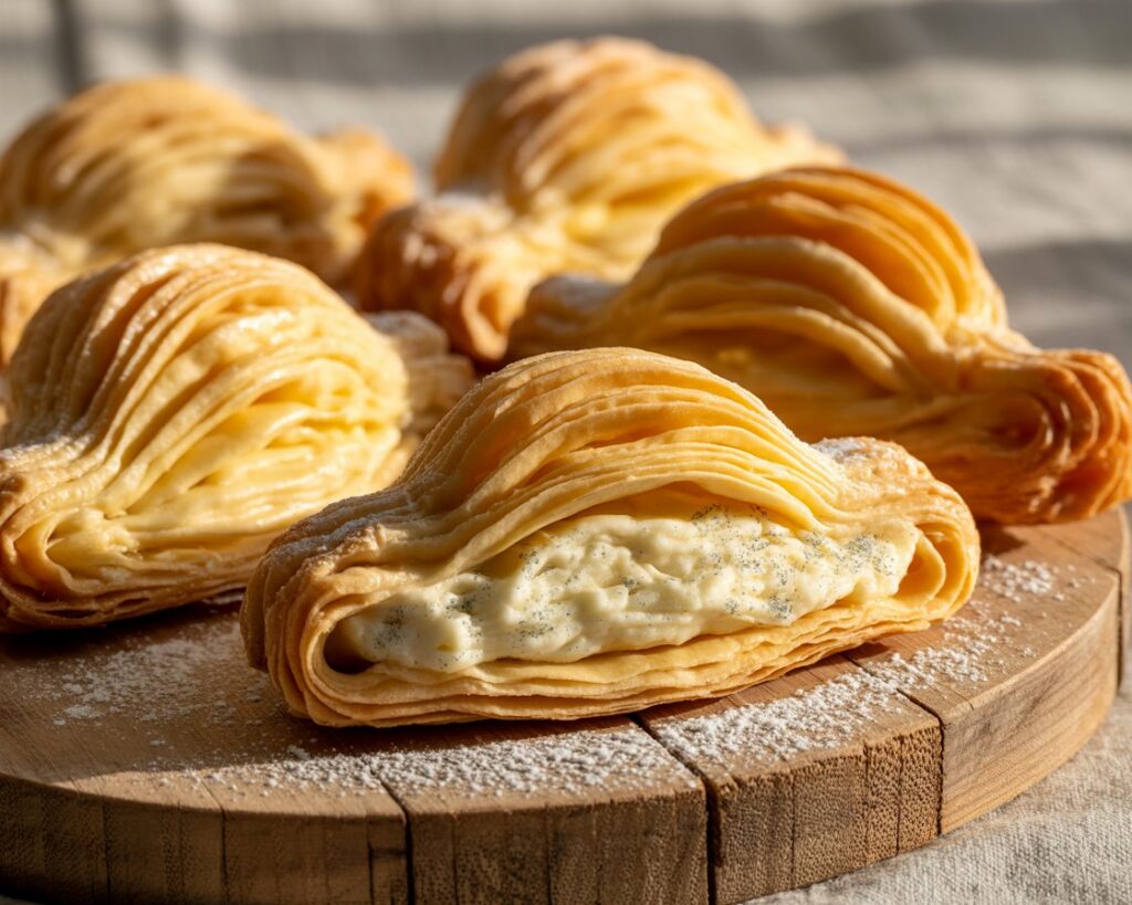 Golden, crispy sfogliatelle pastries dusted with powdered sugar.