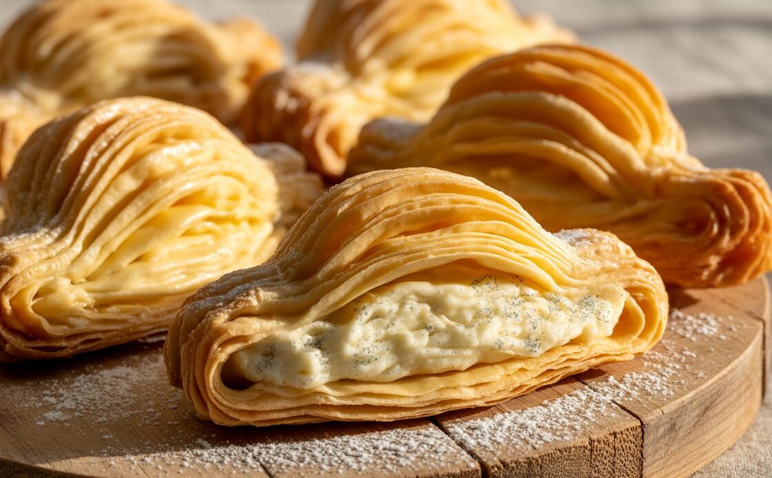 Golden, crispy sfogliatelle pastries dusted with powdered sugar.