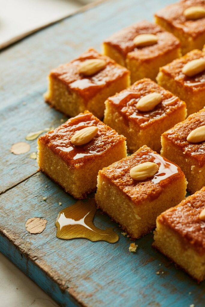 Tray of freshly baked basbousa semolina cake ready to serve