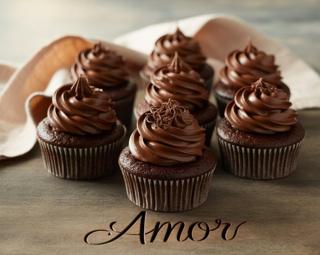 Batch of chocolate cupcakes with creamy frosting swirls and chocolate shavings