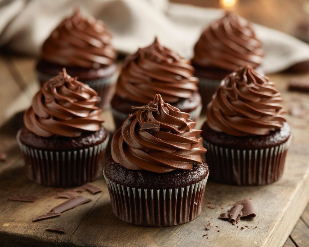 Chocolate cupcake on a white plate with frosting and sprinkles surrounded by more cupcakes