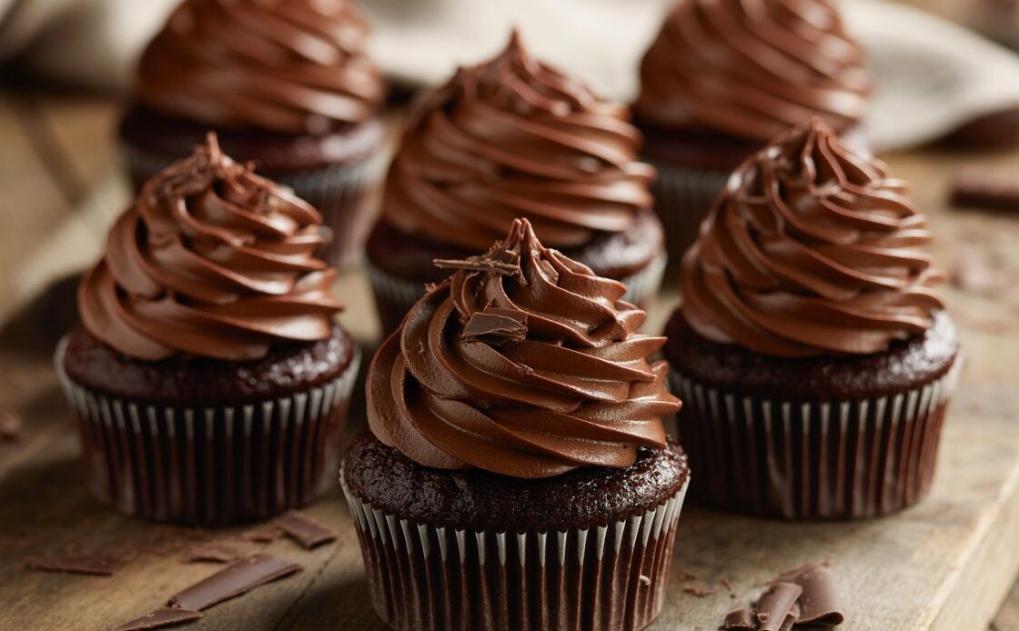 Chocolate cupcake on a white plate with frosting and sprinkles surrounded by more cupcakes