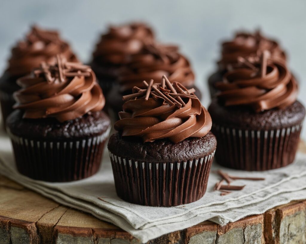 Baked chocolate cupcakes with whipped frosting and decorative toppings ready to serve