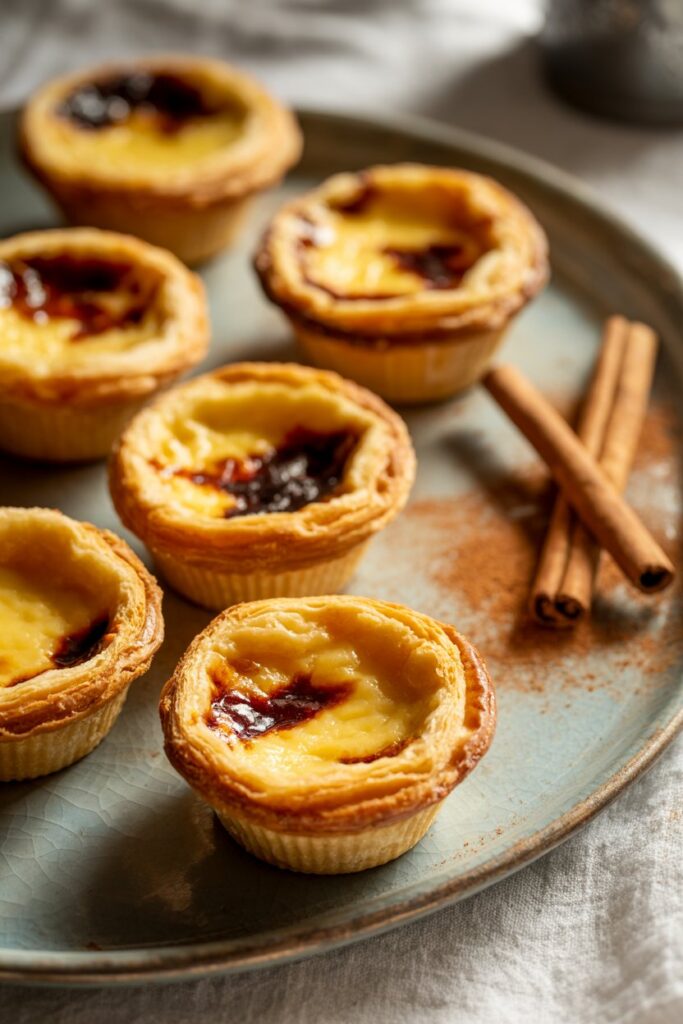 Golden Portuguese pastéis de nata with caramelized custard tops.