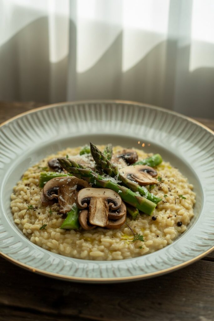 Mushroom asparagus risotto served warm with spoon on side