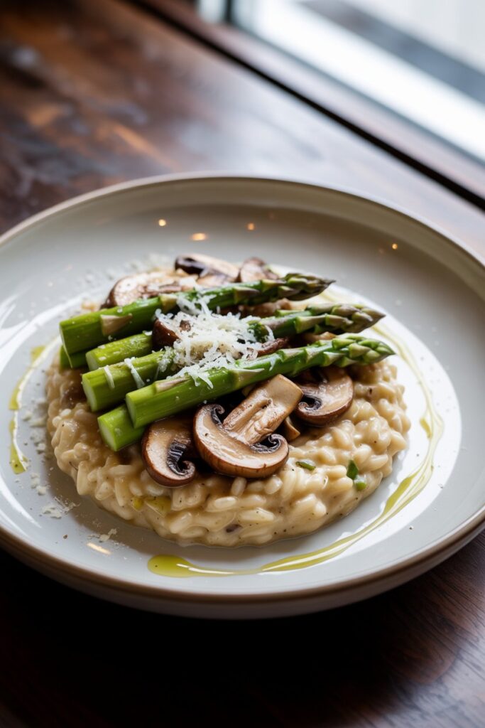 Italian style risotto with mushrooms asparagus and parmesan garnish