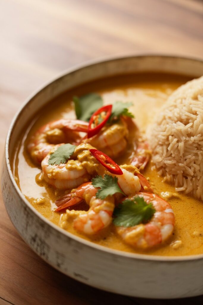 Close up of shrimp curry with rich sauce and aromatic spices