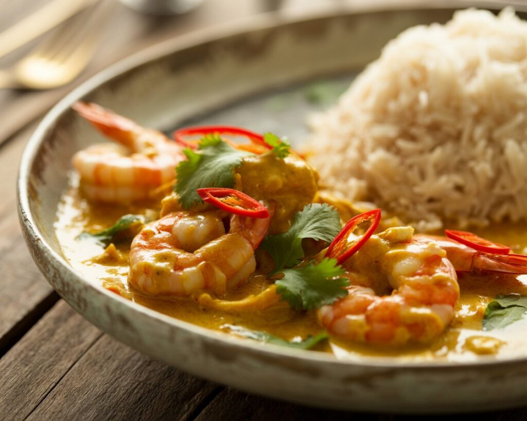Delicious shrimp curry with coconut milk sauce in a rustic bowl