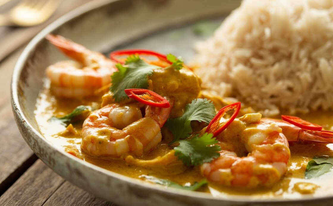 Delicious shrimp curry with coconut milk sauce in a rustic bowl