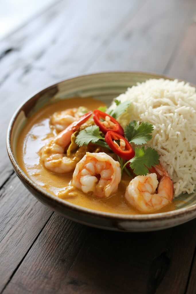 Creamy shrimp curry with golden sauce and tender shrimp pieces