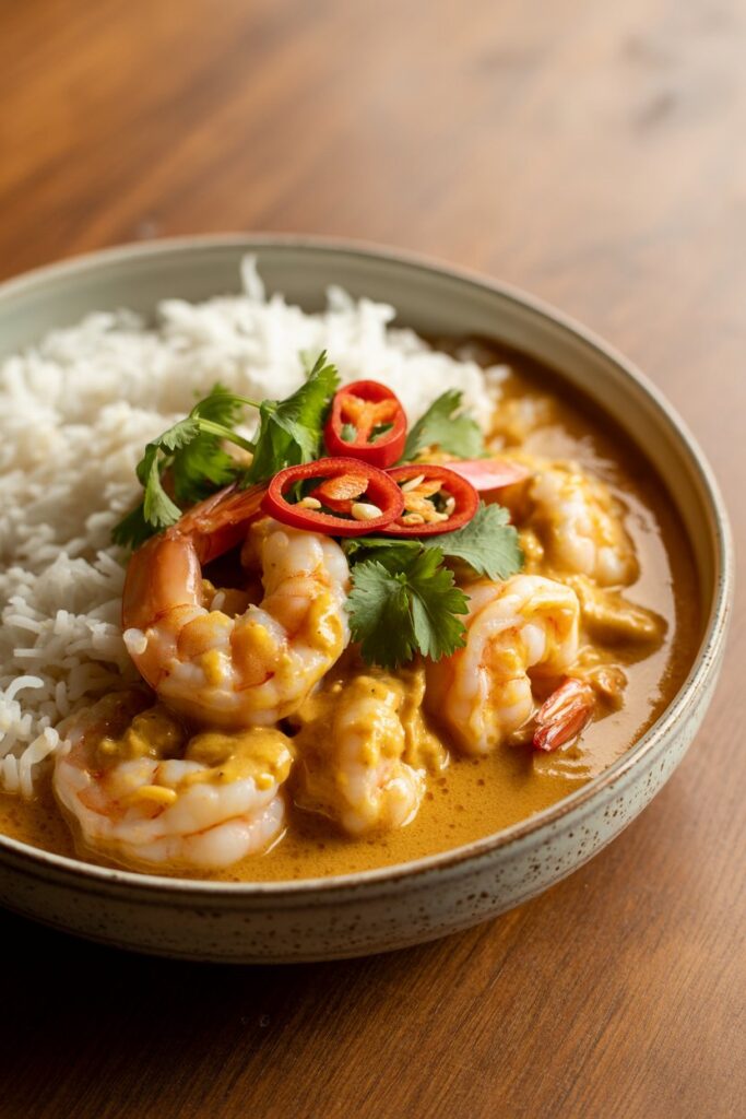 Homemade shrimp curry served in a bowl with cilantro garnish
