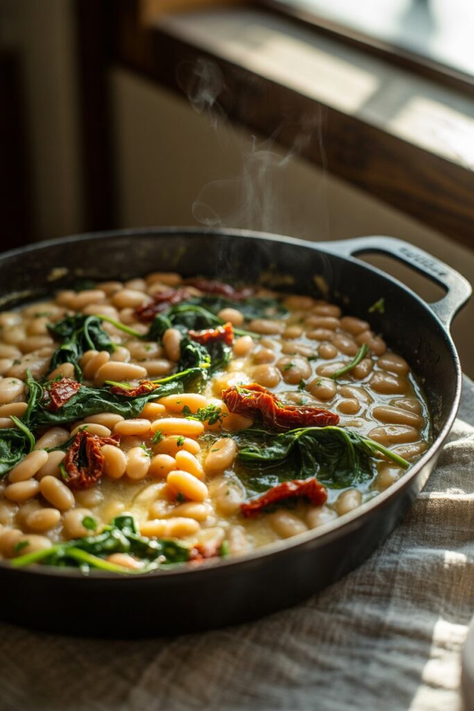 Homemade Tuscan white bean recipe served in pan on wooden table
