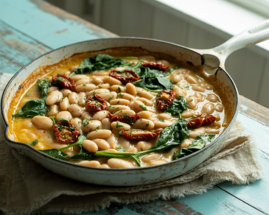 Close up of white beans in creamy sauce with herbs and greens
