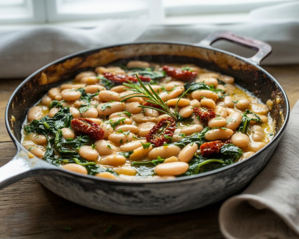 Skillet filled with Tuscan style creamy beans served warm