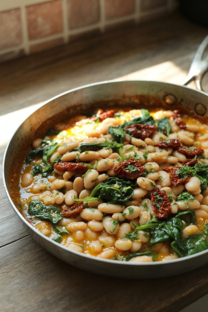 Rustic skillet meal with white beans spinach and tomatoes in sauce