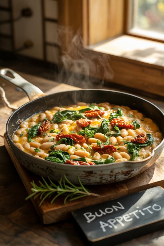 Creamy Tuscan white bean skillet with spinach and sun dried tomatoes