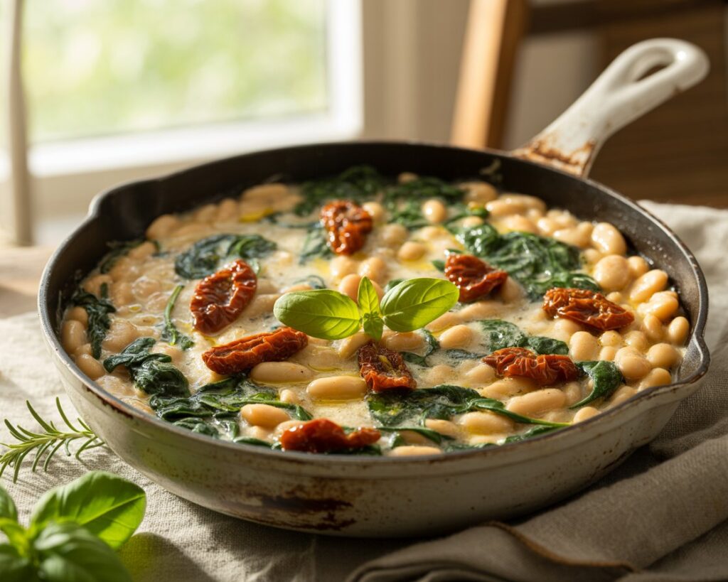 Creamy Tuscan white bean skillet topped with parmesan and herbs