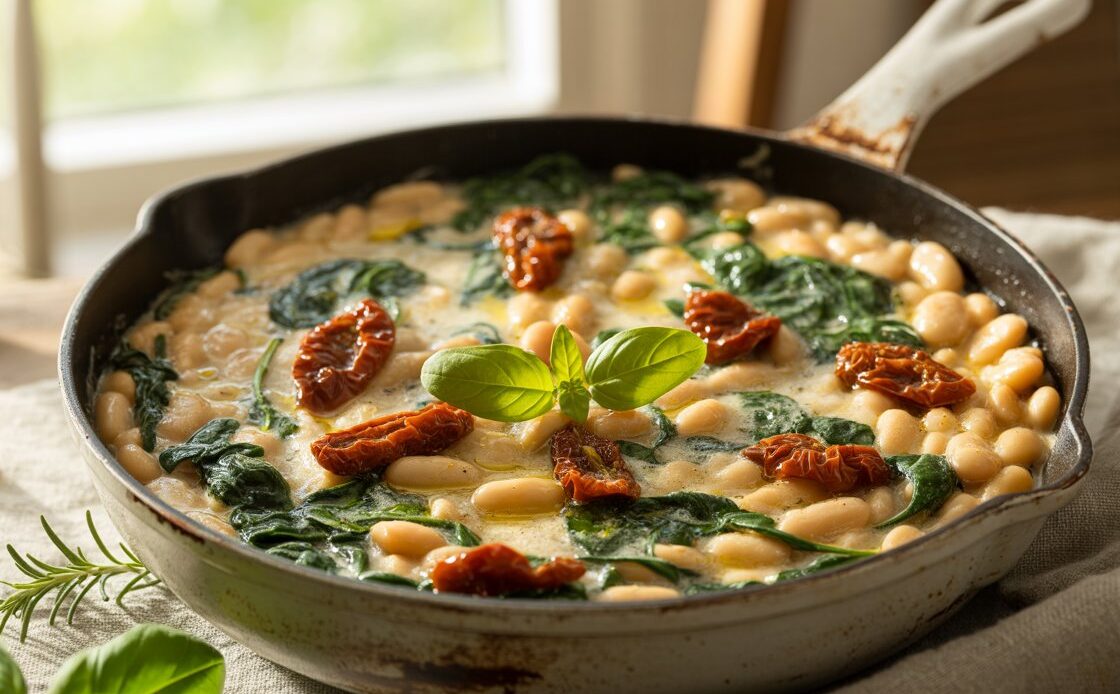 Creamy Tuscan white bean skillet topped with parmesan and herbs