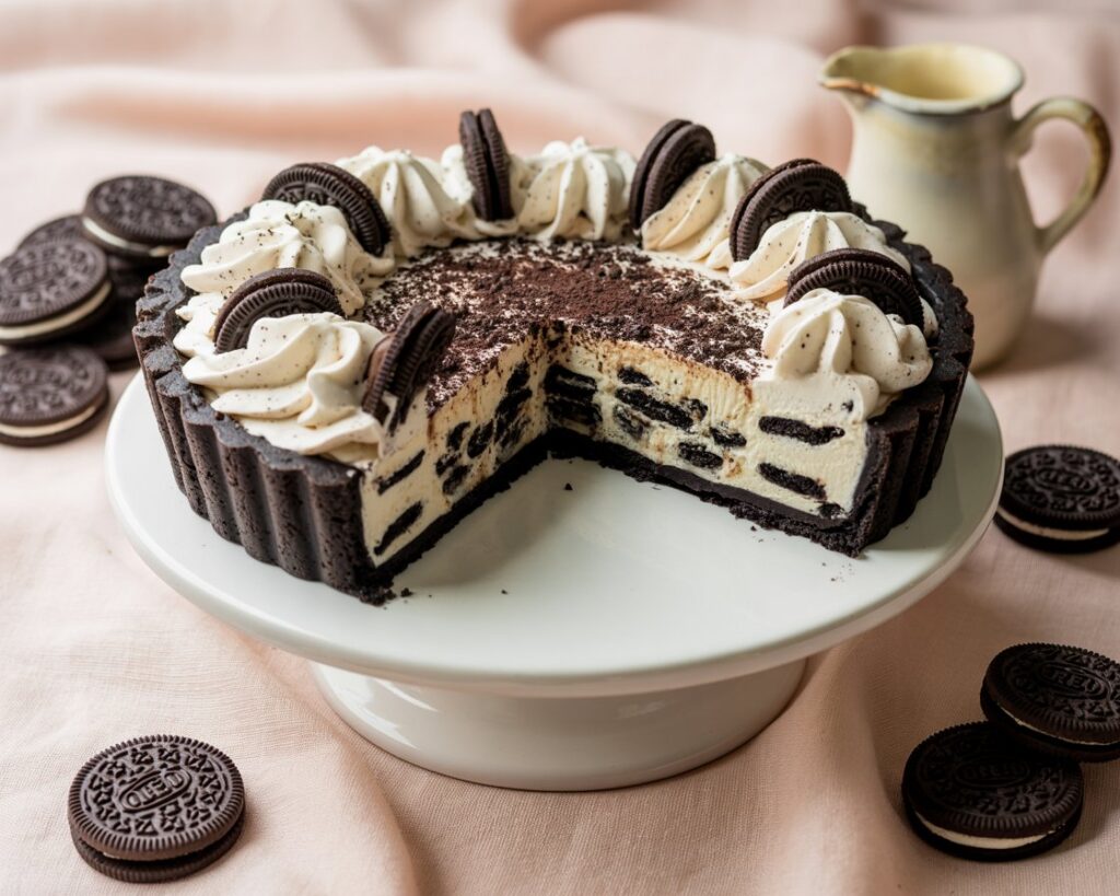 Oreo dessert pie with whipped topping and chocolate cookie crust on a wooden surface.